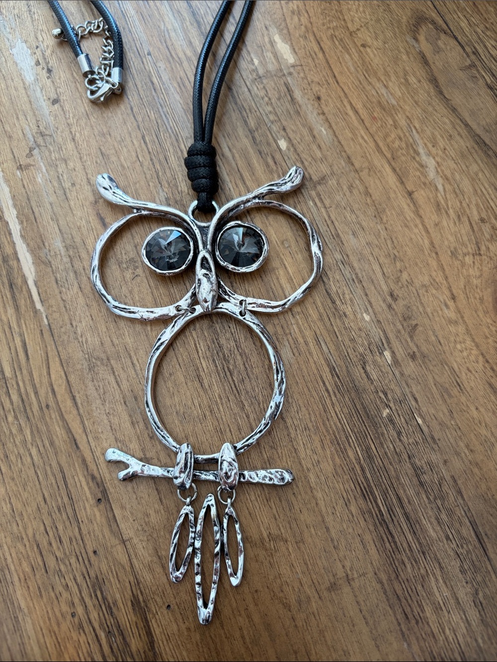 Silver Owl Pendant Necklace with Black Cord